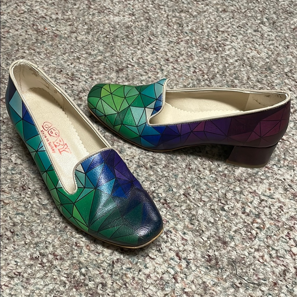 Vintage kaleidoscope coloured Geometric Patterned leather Loafers